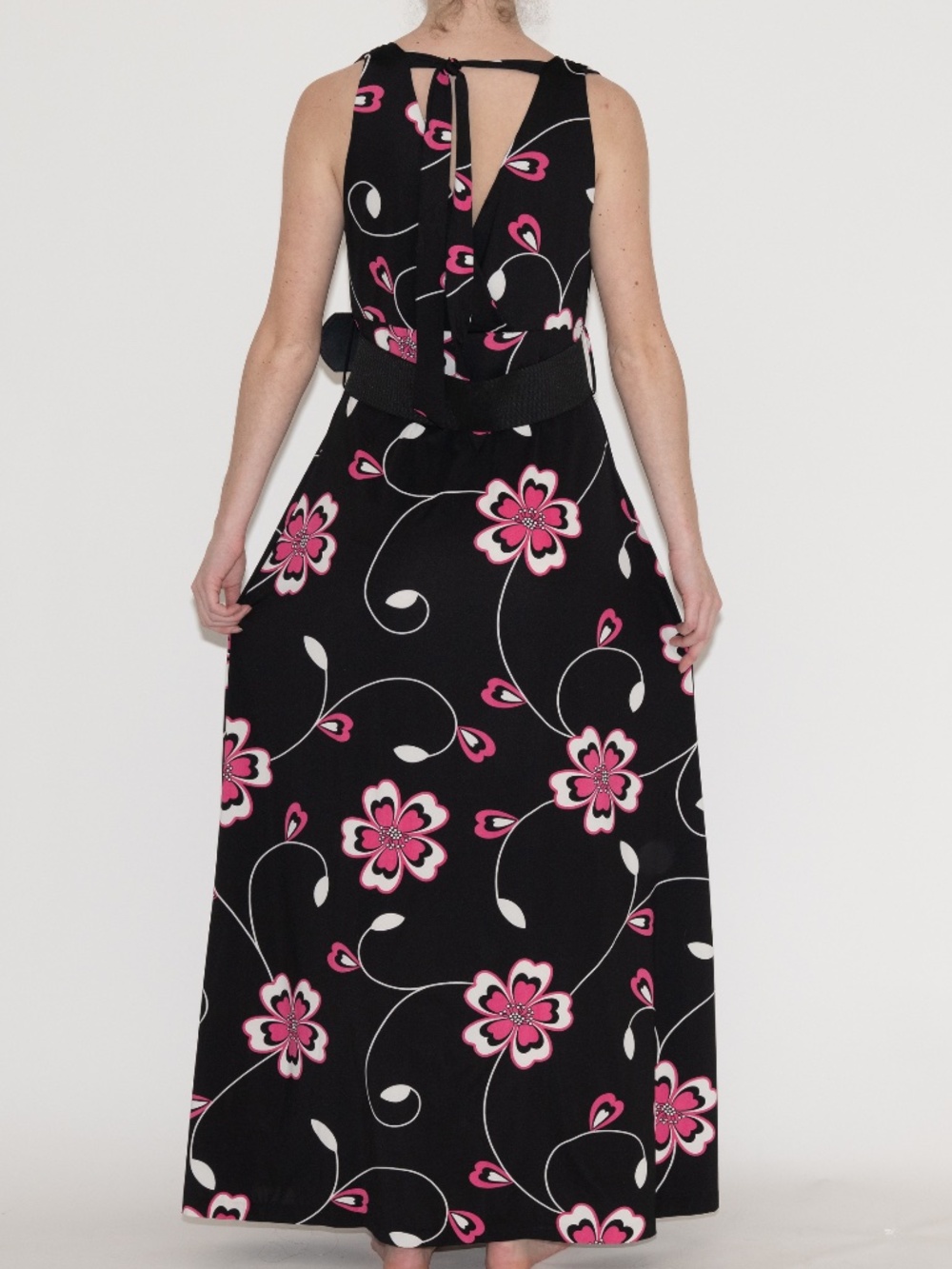 Y2k black flower print maxi dress belted size XL INC polyester spandex - Picture 2 of 5